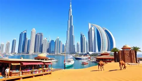 Dubai skyline with Burj Khalifa at sunset